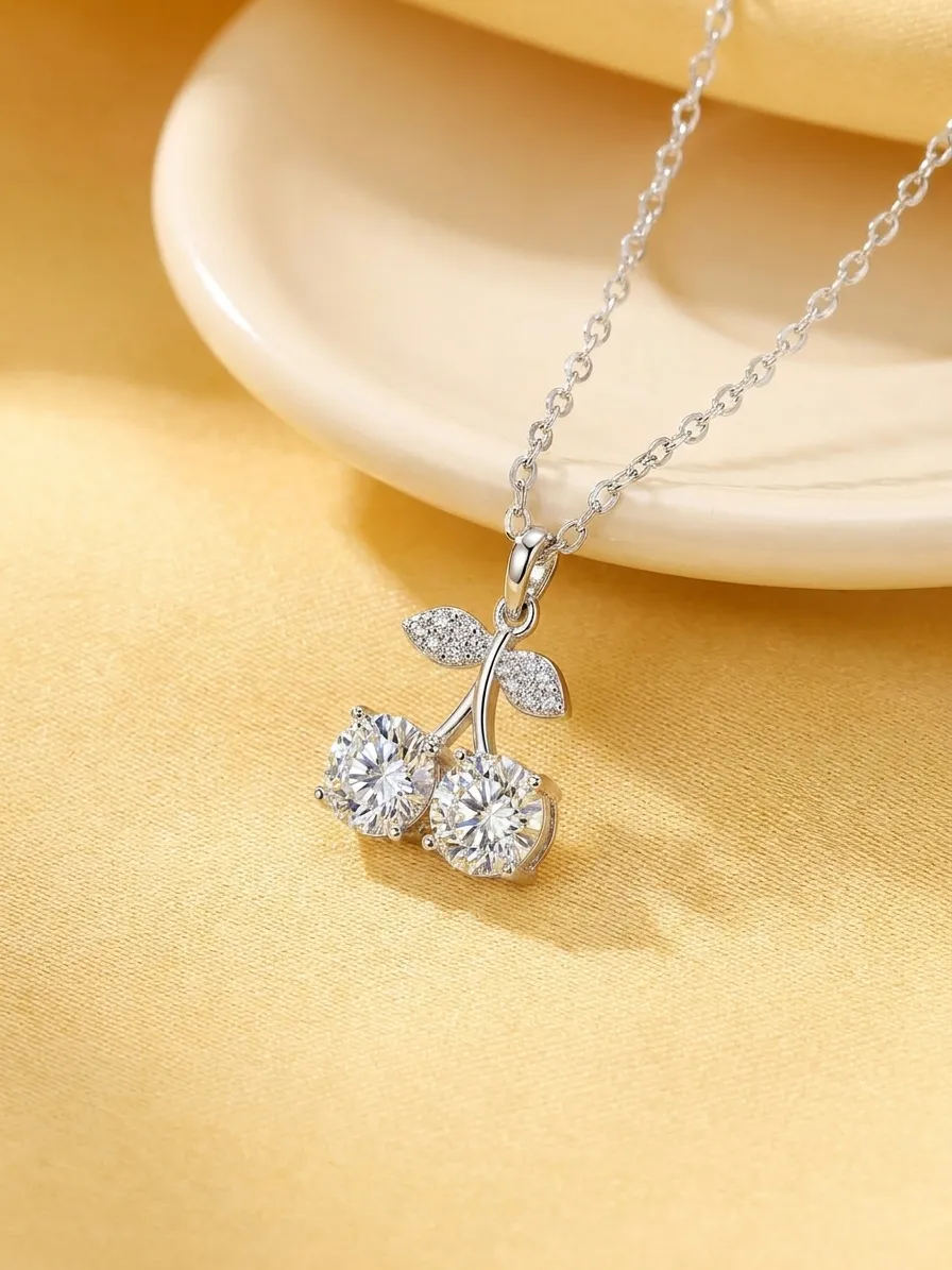 S925 Silver Double Cherry 0.50 Carat Moissanite Necklace detail 1