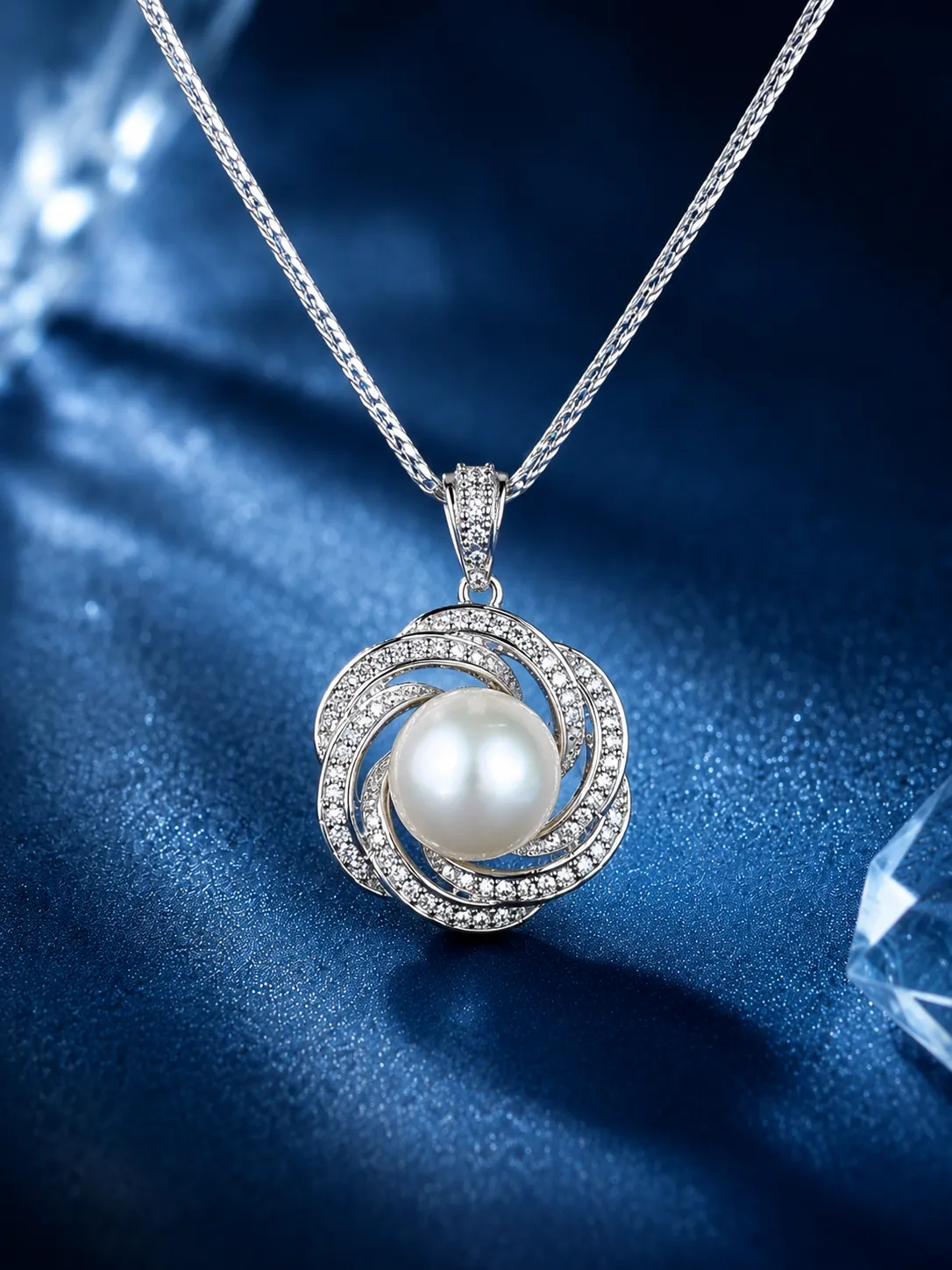 S925 Silver Diamond Swirl Freshwater Pearl Necklace detail 1