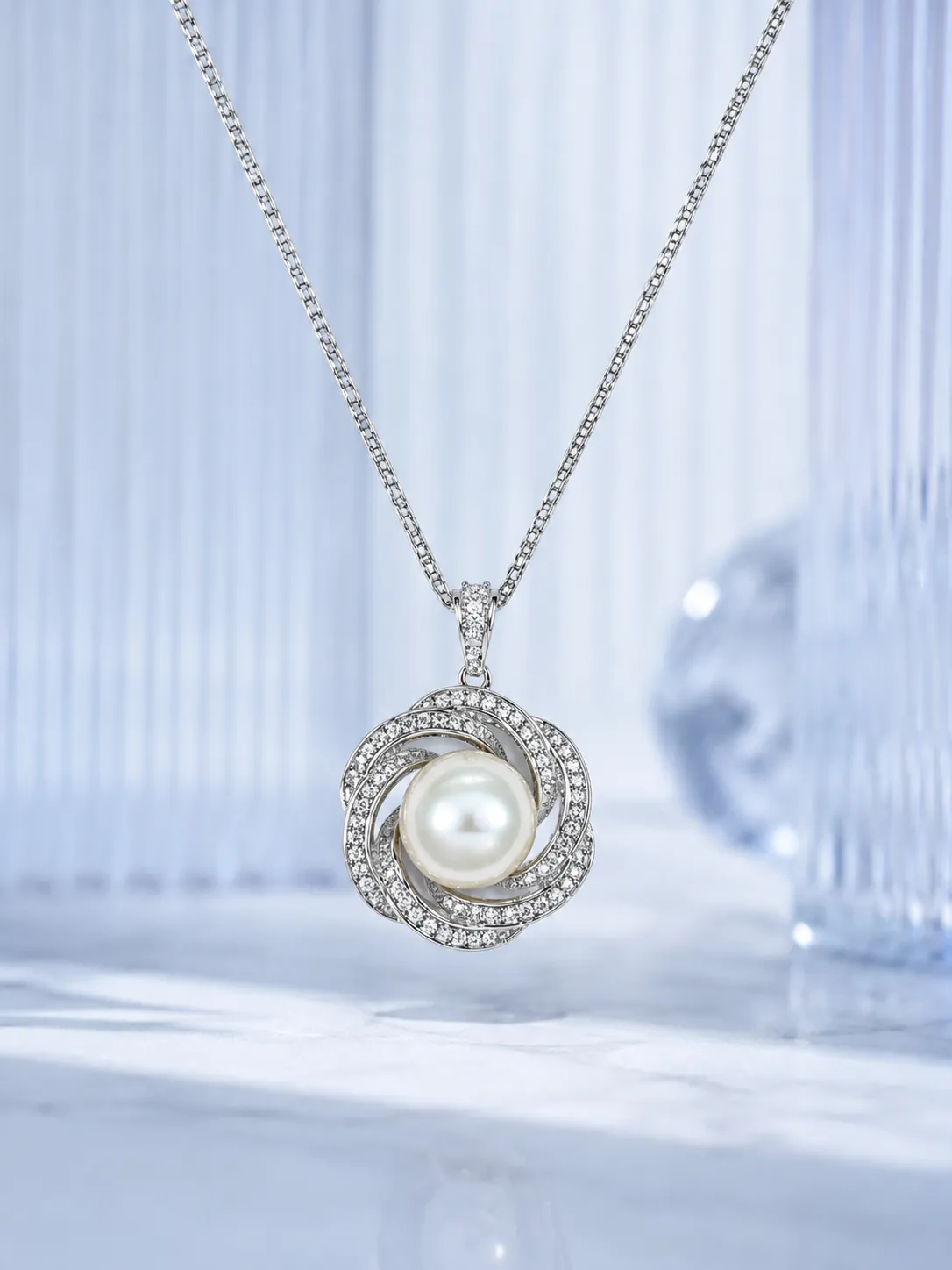 S925 Silver Diamond Swirl Freshwater Pearl Necklace detail 2
