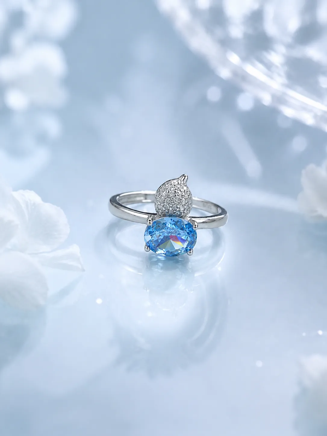 S925 Silver Blue Ice Flower Cut Gourd Open Ring detail 1