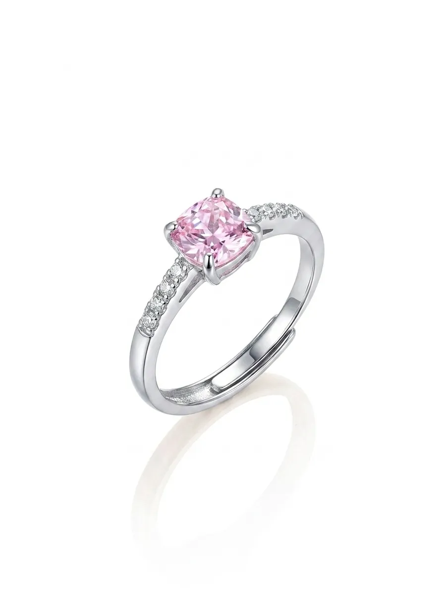 Light Luxe 925 Silver Pink Ice Flower Square-Cut Ring detail 1
