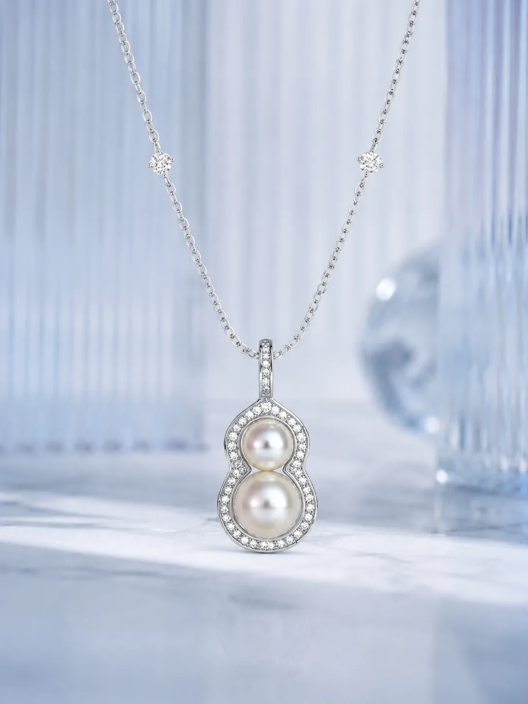 S925 silver necklace with double pearl glossy freshwater pearls detail 1