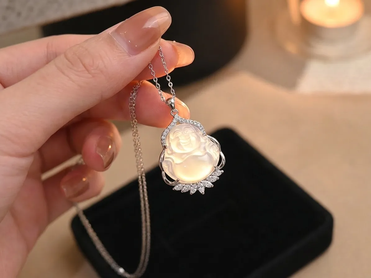 S925 white jade Buddha pendant necklace with diamonds detail 1