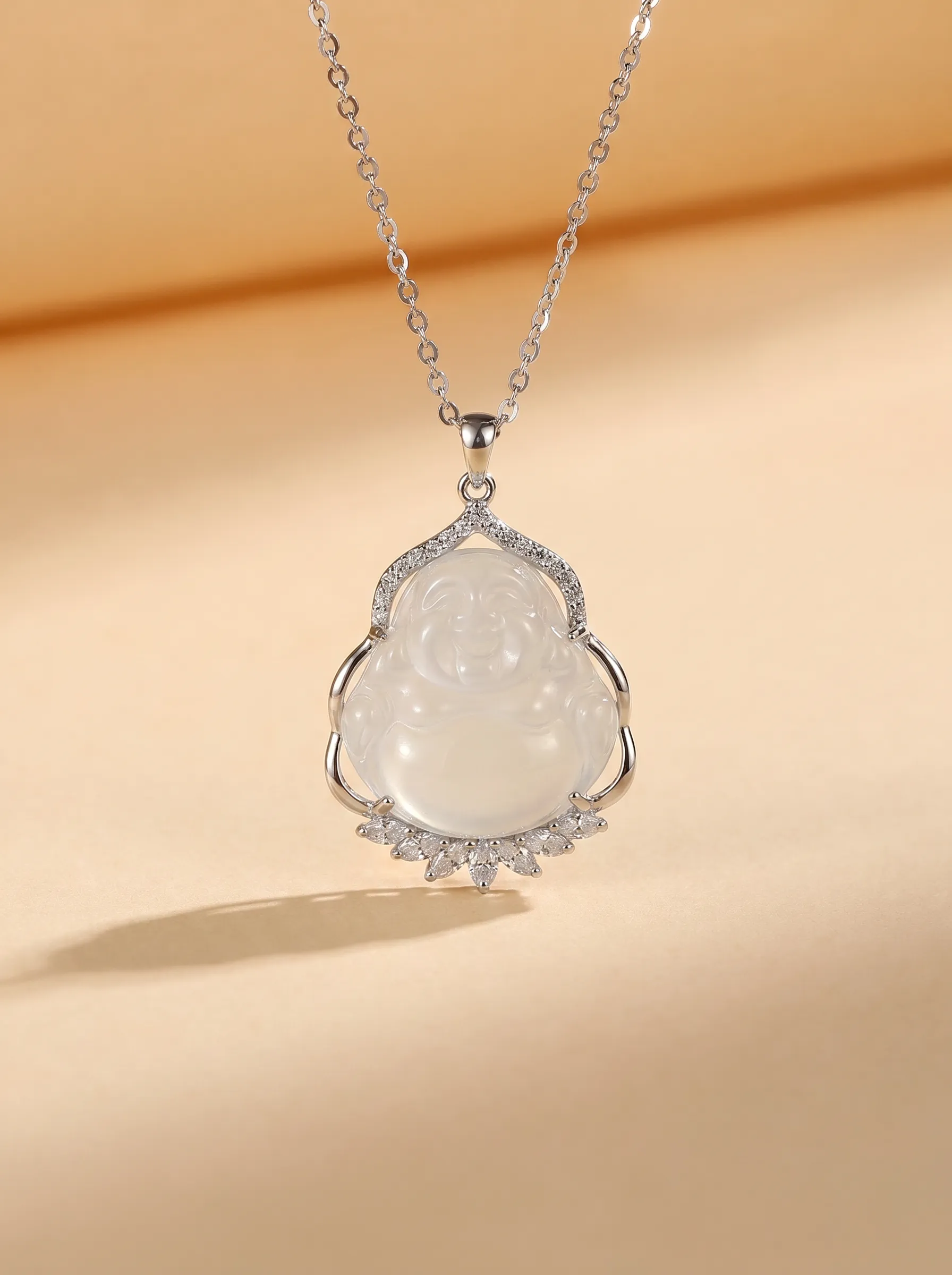 S925 white jade Buddha pendant necklace with diamonds detail 2