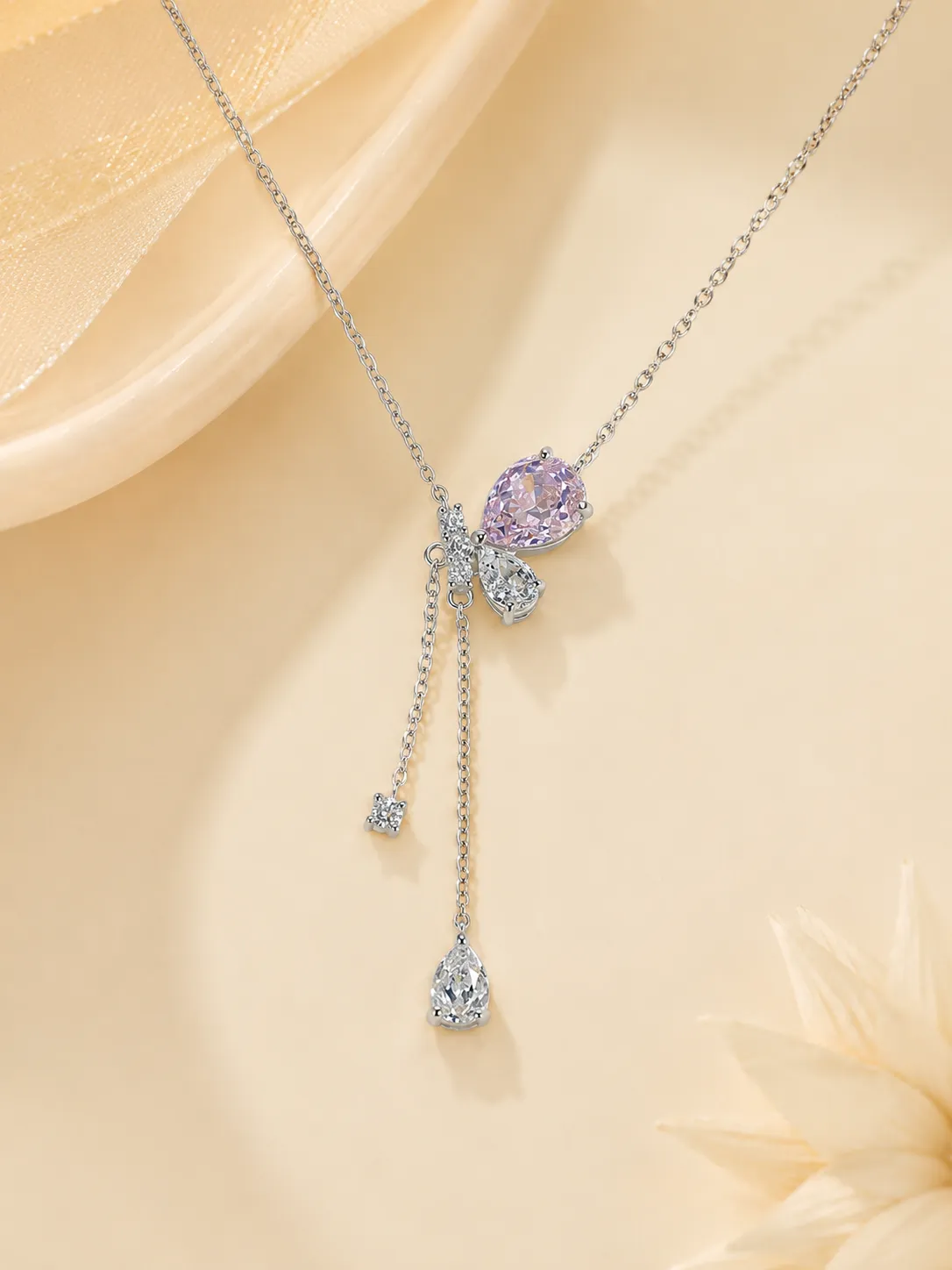 S925 Silver Waterdrop Colored Gem Tassel Pink Ice Flower Cut Necklace detail 1