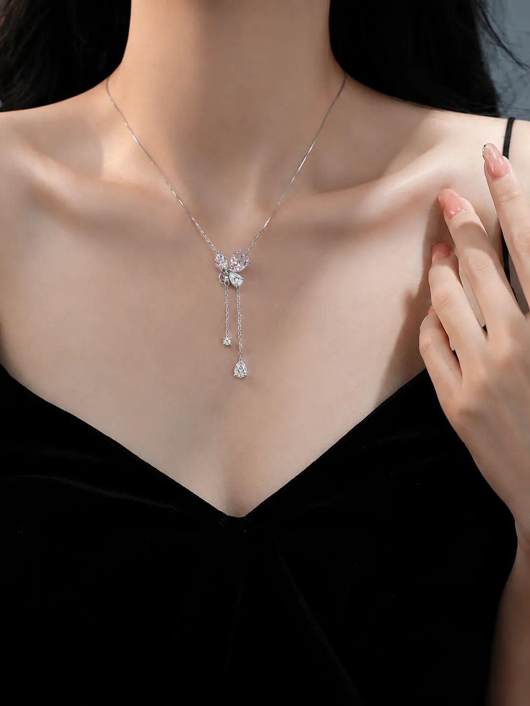 S925 Silver Waterdrop Colored Gem Tassel Pink Ice Flower Cut Necklace detail 2