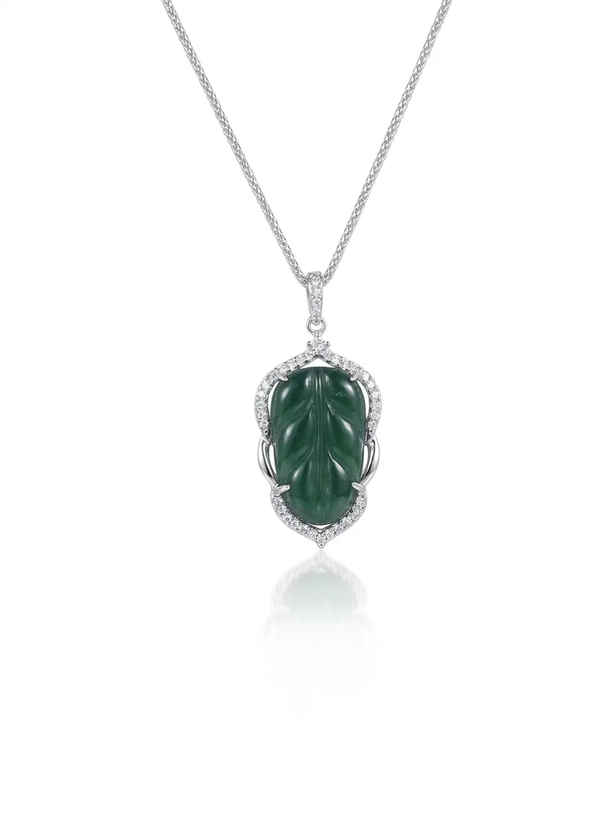 Jade leaf inlaid with diamonds S925 silver pendant