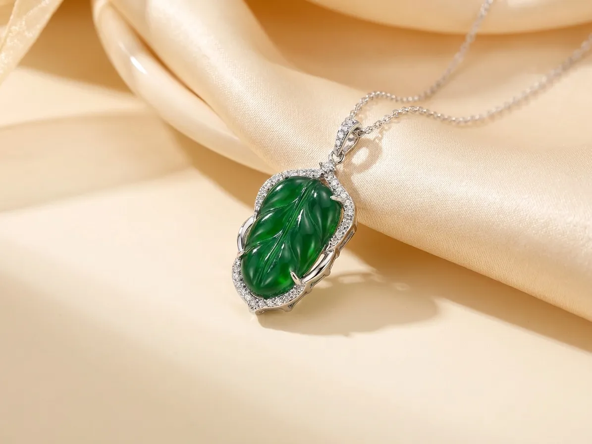Jade leaf inlaid with diamonds S925 silver pendant detail 1