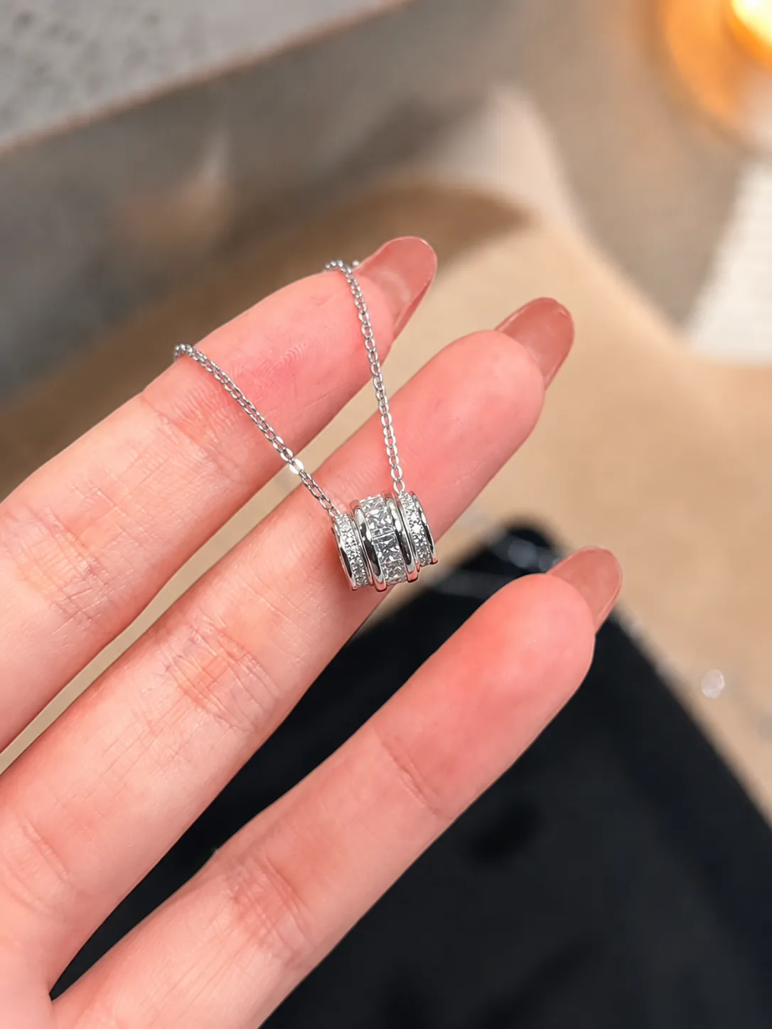 S925 Silver Diamond-Studded Multi-Ring Lucky Mossan Necklace detail 1