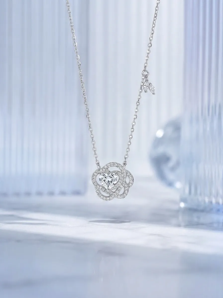 S925 Silver Rose-Shaped Diamond Necklace detail 1