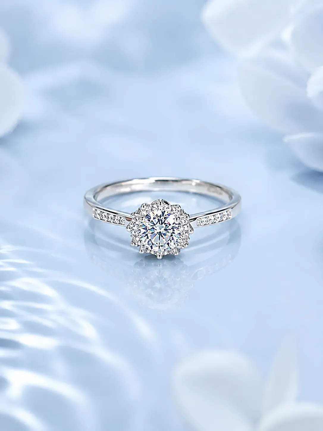 925 Sparkling Silver Flower Cluster 0.50 Carat Moissanite Ring detail 2