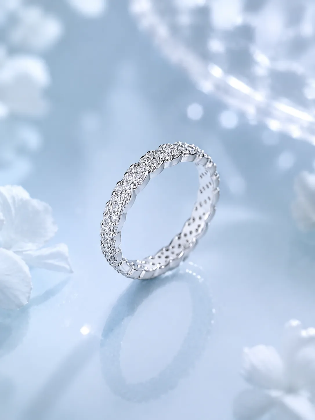Simple sterling silver pavé diamond closed band morganite ring detail 1