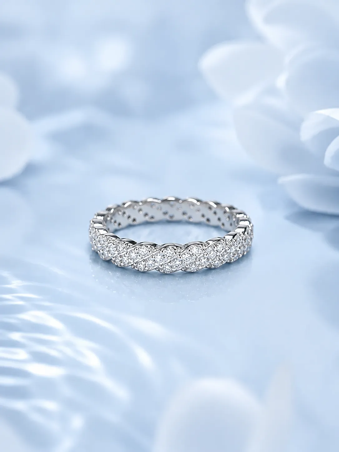 Simple sterling silver pavé diamond closed band morganite ring detail 2
