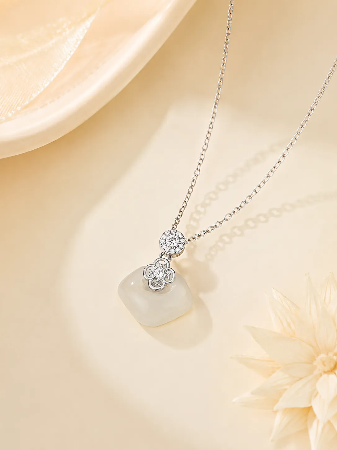 S925 Silver Safety Buckle White Chalcedony Petal Necklace detail 1