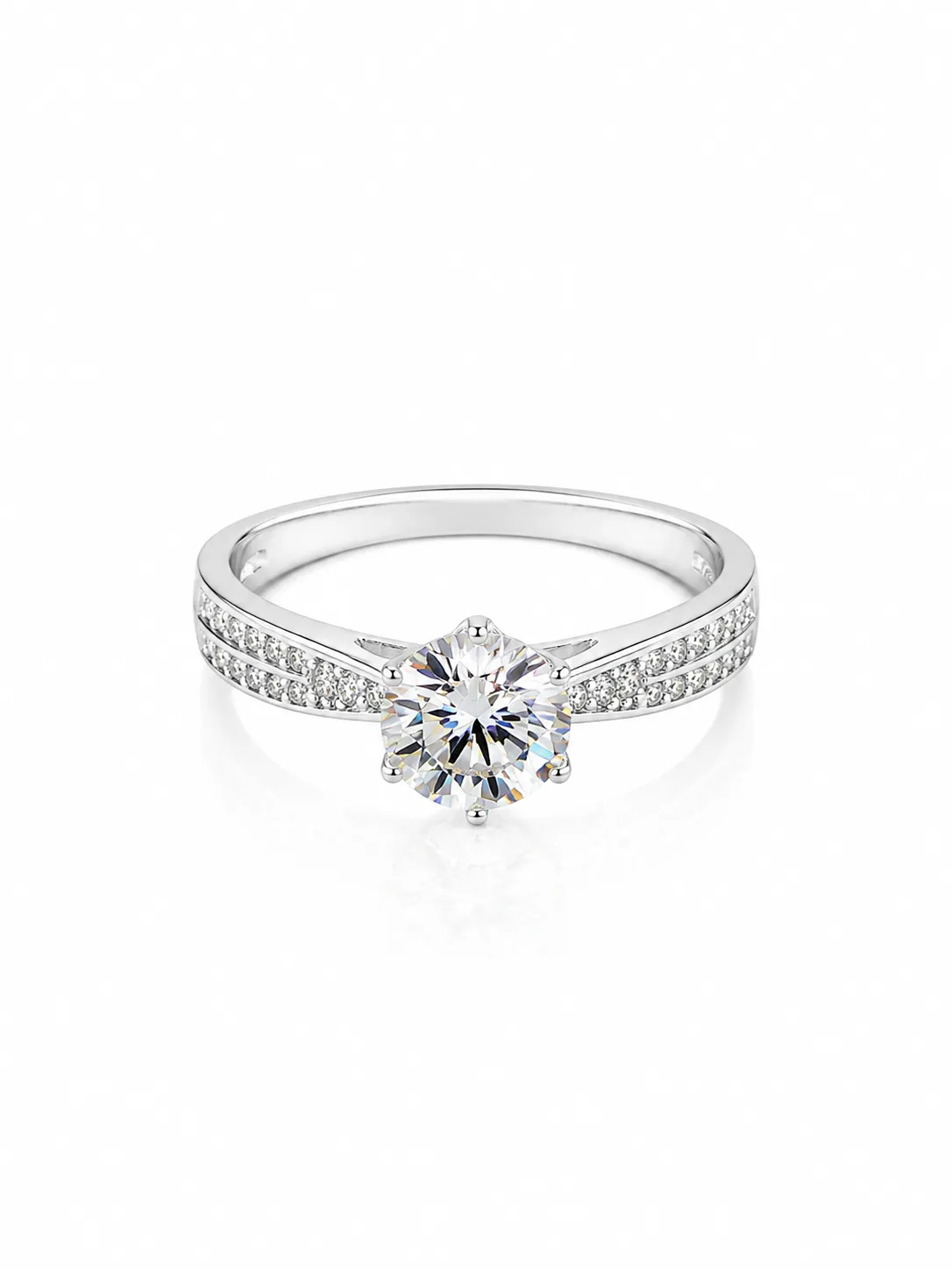 Classic six-prong micro-pave diamond 0.8-carat silver ring