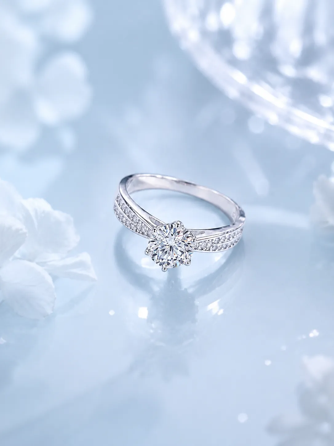 Classic six-prong micro-pave diamond 0.8-carat silver ring detail 1