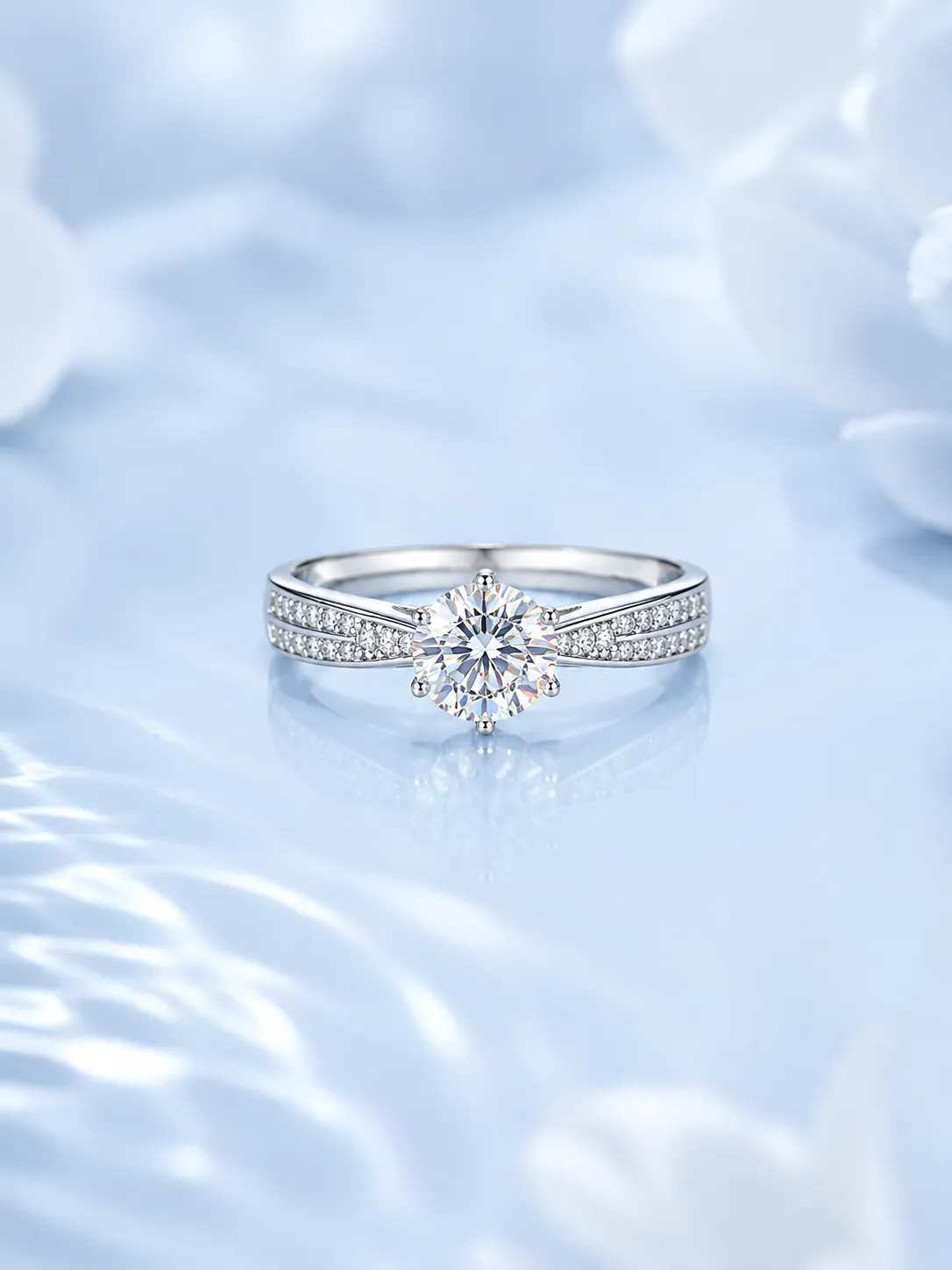 Classic six-prong micro-pave diamond 0.8-carat silver ring detail 2