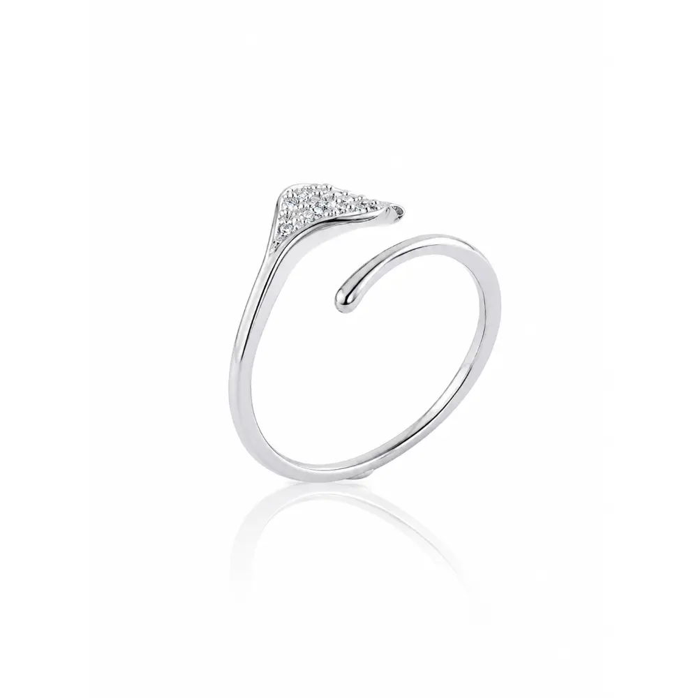 S925 silver leaf-shaped open ring with diamonds