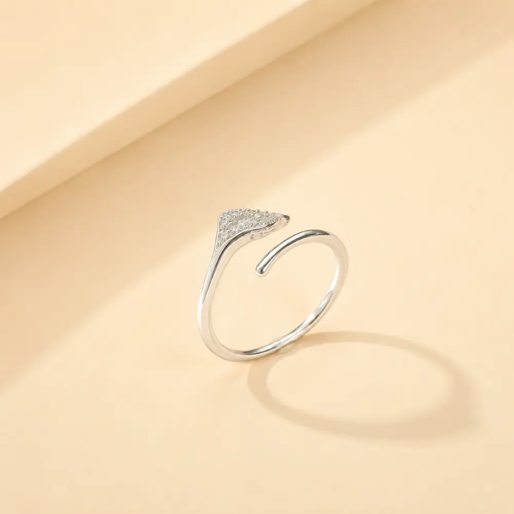 S925 silver leaf-shaped open ring with diamonds detail 2