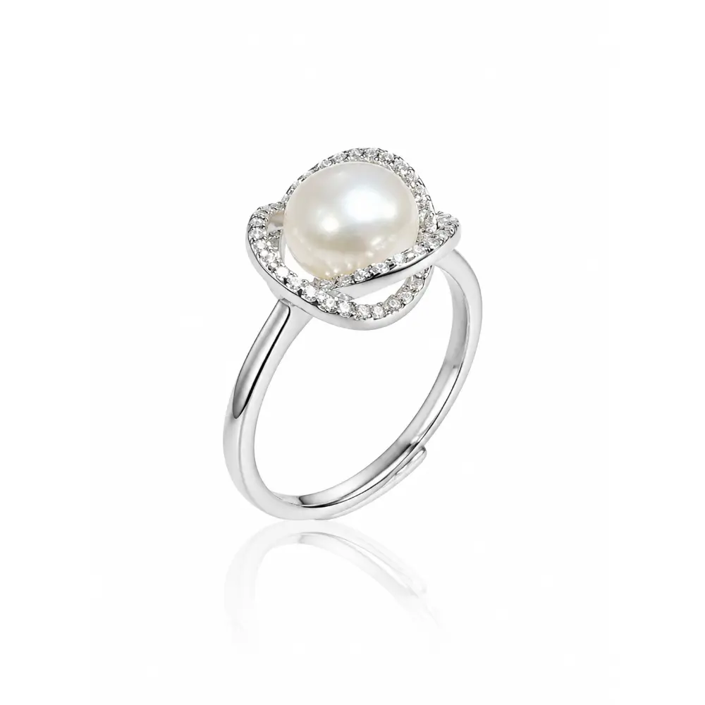 Silver Twisting Arm Pearl and Diamond Open Ring