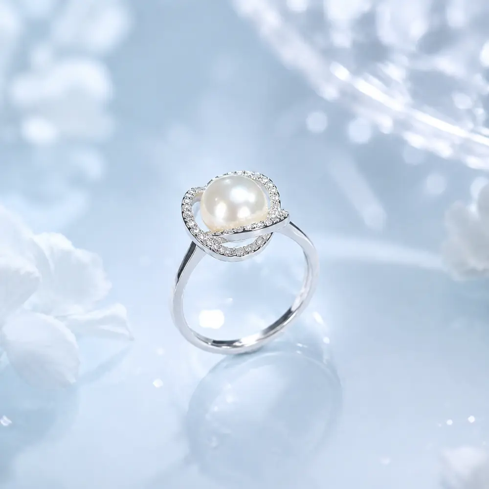 Silver Twisting Arm Pearl and Diamond Open Ring detail 1