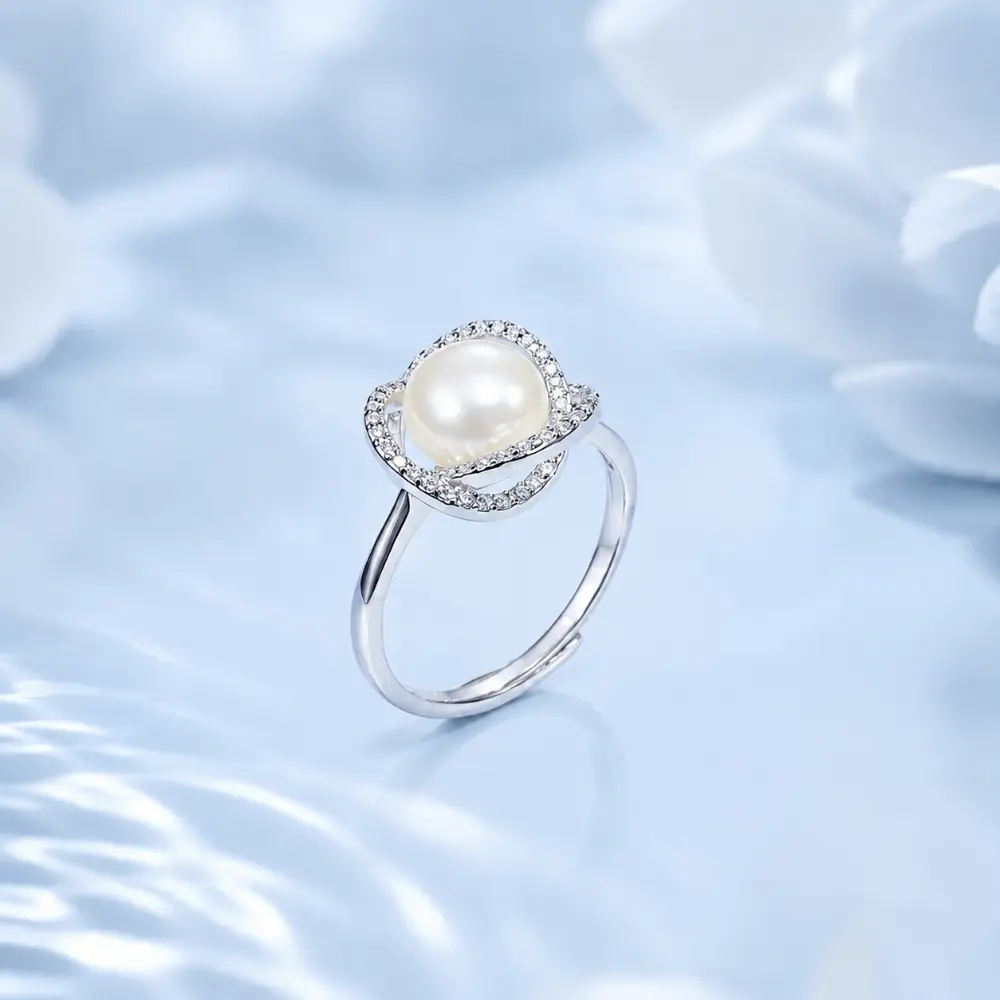 Silver Twisting Arm Pearl and Diamond Open Ring detail 2