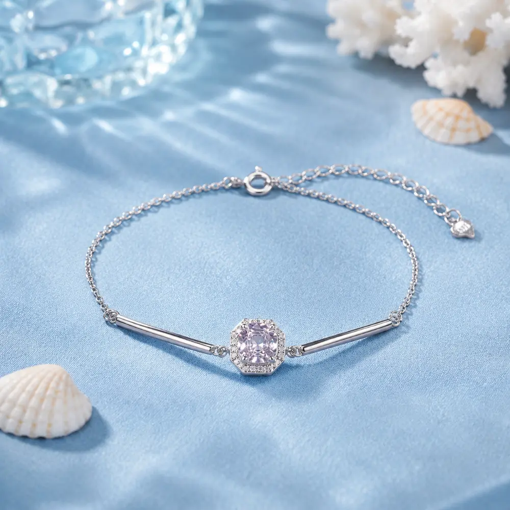 Simple Pink Frosted Flower Cut S925 Silver Bracelet detail 1