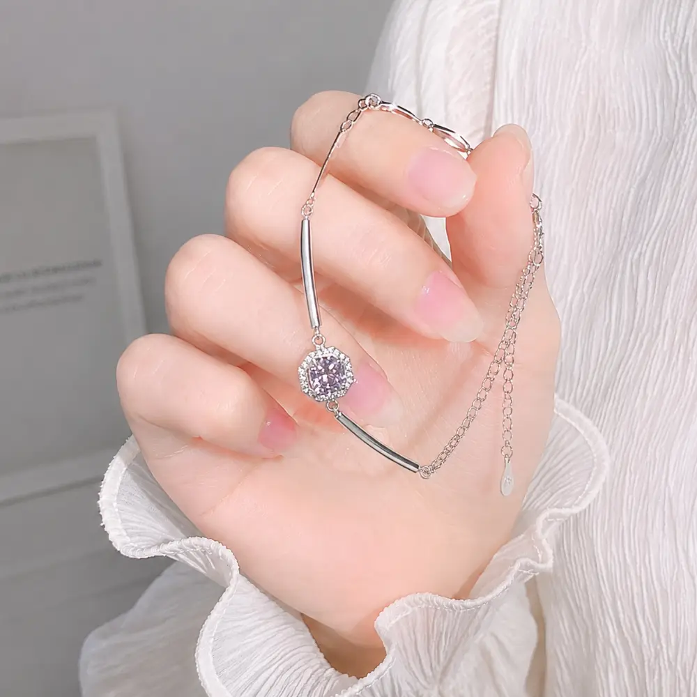 Simple Pink Frosted Flower Cut S925 Silver Bracelet detail 2