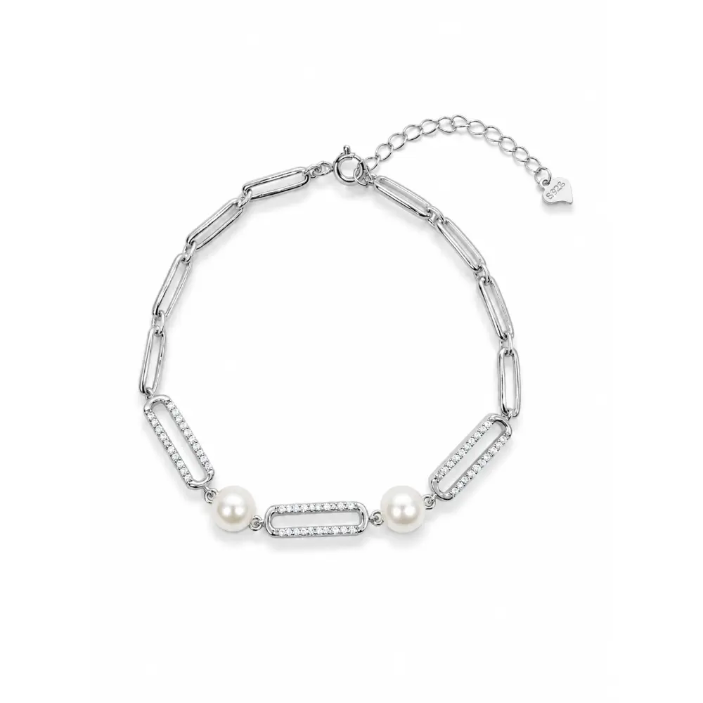 Pearl and diamond-studded silver chain bracelet, adjustable