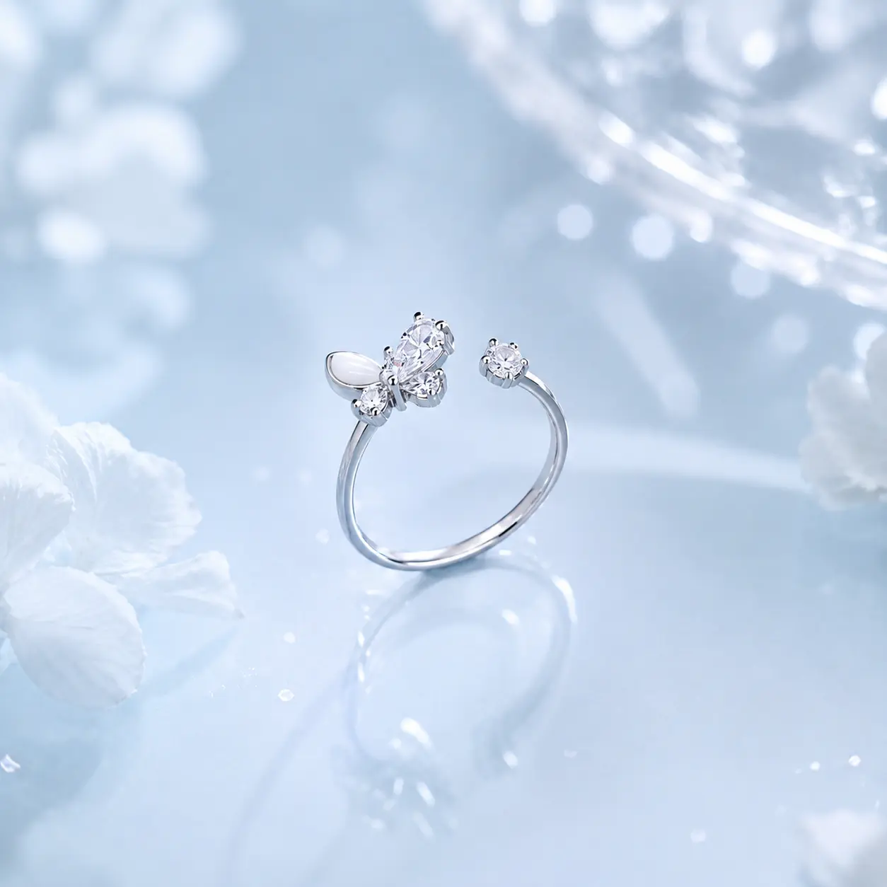 Silver Butterfly and Teardrop Open Ring detail 1